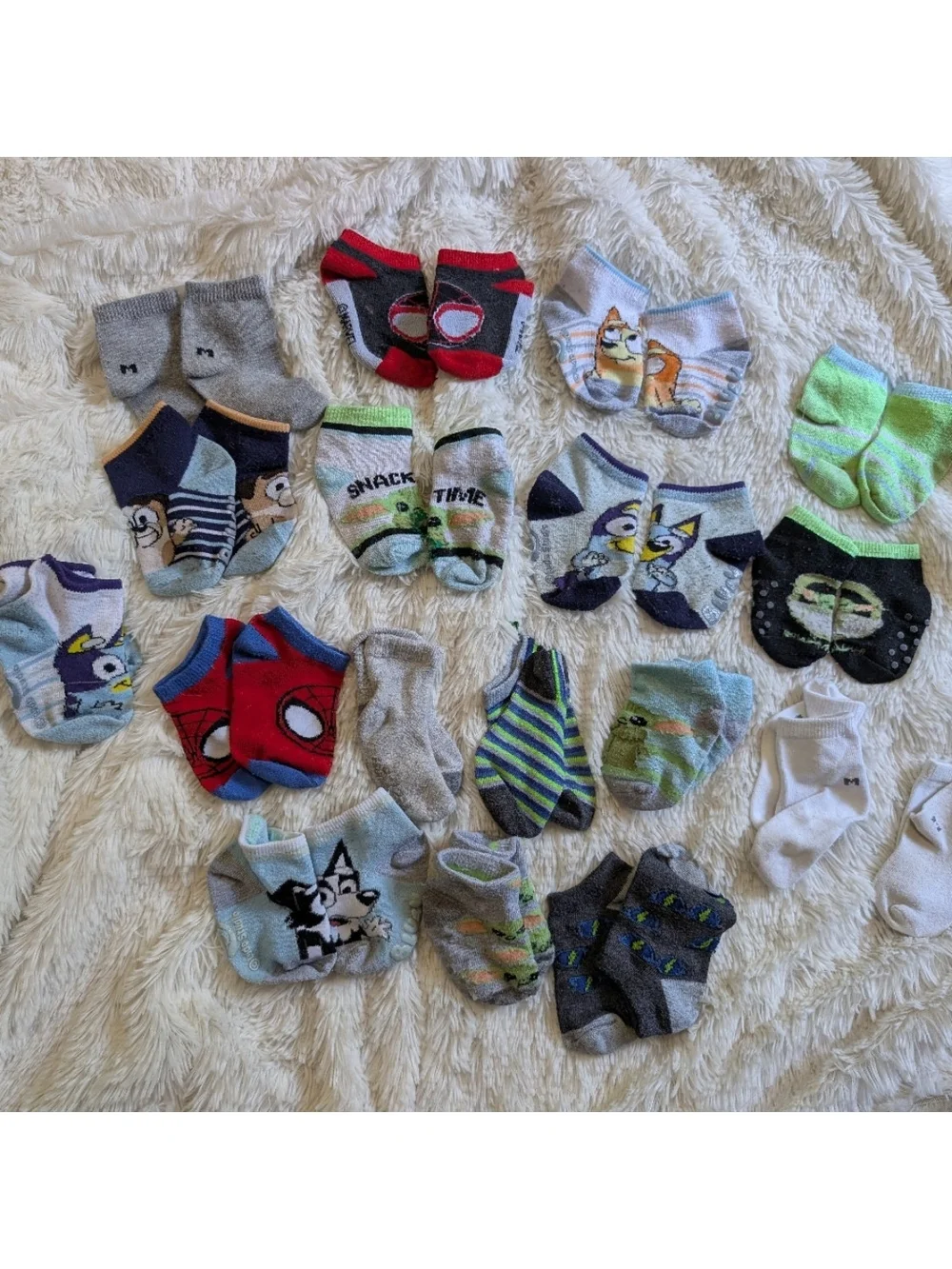 Infant Toddler 18 Pairs Sock Lot Spiderman Bluey Baby Yoda Solid Patterned